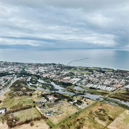 aerial view of Busselton from Helicopter with Busselton Jetty in the background